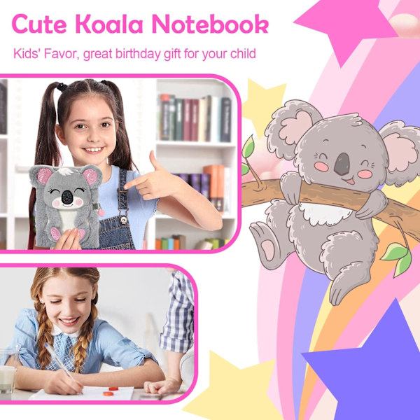 Koala Kids Journal 160 sidor hemlig dagbok plysch anteckningsbok med lås och nyckel för att skriva och rita present till flickor, pojkar