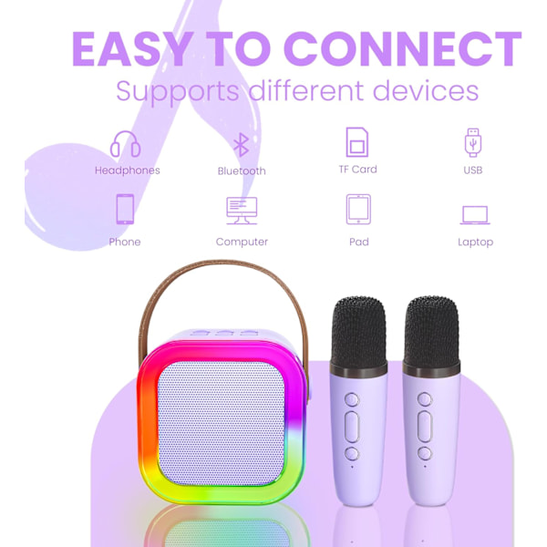 Karaoke Maskine til Børn og Voksne, Bærbar Bluetooth Mini Karaoke Mikrofon Syngende Højttaler med 2 Mikrofoner og Lys, Legetøj Purple