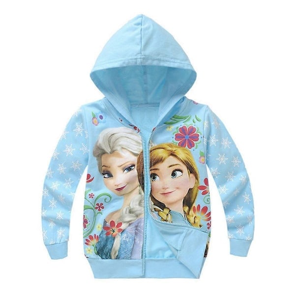 Piger Frozen Print Langærmet Hættejakke Løs Hætte Efterårsjakke - Lyseblå Egnet til Højde 140cm Light Blue Height 140cm
