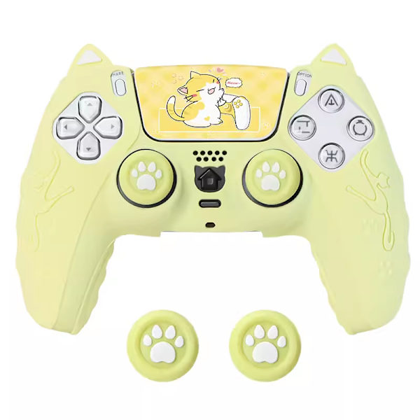 Rosa kattepote PS5-kontroller, sett med håndgrep, sklisikkert silikonskall, beskyttende deksel med joystick Yellow