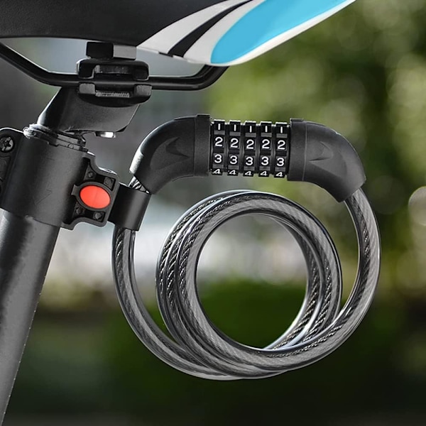 Cykellås med hög säkerhet, 5-siffrig återställbar kombination, spiralformad kabel, bäst för cyklar utomhus, 1,2 mx 12 mm