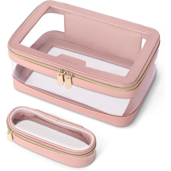 Läpinäkyvä meikkimatkakassi meikkisivellinkassilla, kannettava meikkikassi, läpinäkyvä vedenpitävä kosmetiikkasäilytyskassi naisille, vaaleanpunainen Pink