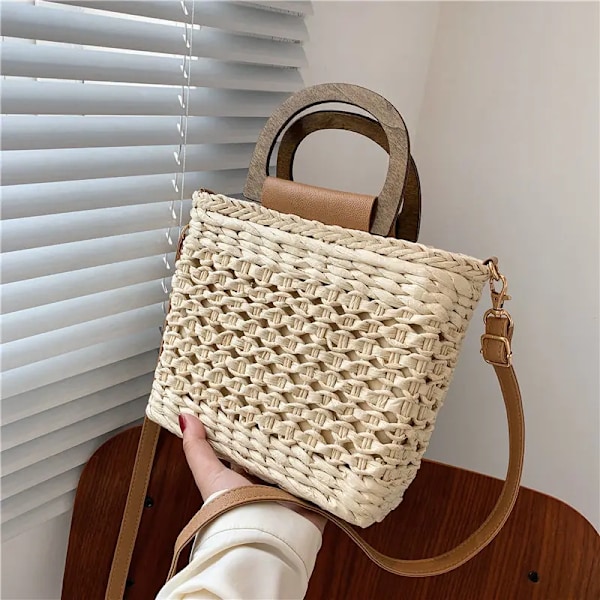 Naisten olkilaukku puisella kahvalla, rottinkipunottu design-olkalaukku, kesäinen matkalaukku, rantakassi Beige 20x8x18cm
