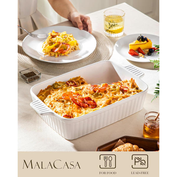 Uunivuoka, 23x33 cm suuri uunivuoka, keraaminen uunivuoka, syvä suorakulmainen lasagnevuoka kahvoilla, kestävä, mikroaaltouunin kestävä, valkoinen