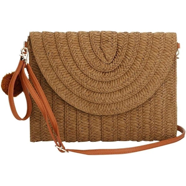 Dame Stråveske Clutch, Sommer Strå Skulderveske Vevd Rotting Håndveske Vesker Strand Skulderveske Tote Håndvesker Mørk Brun Dark Brown