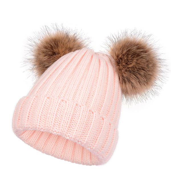Naisten talvitakki neulottu hattu hiihtohattu talvihattu kahdella pompomilla Pink