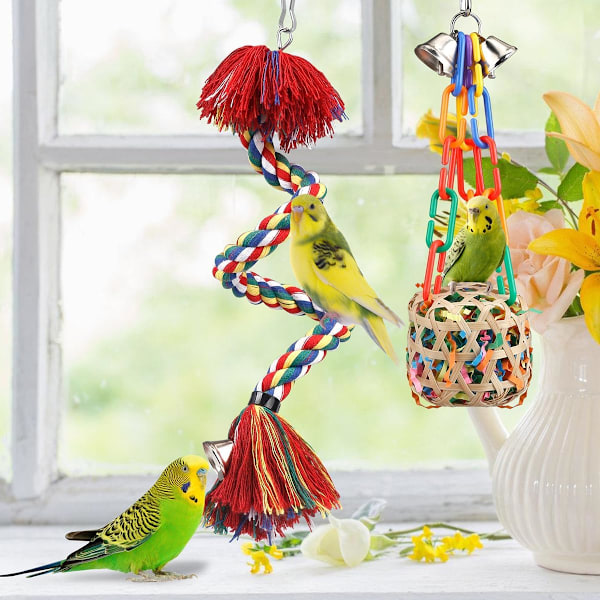 5-delad fågel leksaker, fågel rep abborre med klocka, conure, cockatiel, budgie, lovebird, fågelbur tillbehör