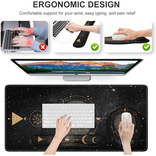 Tangentbordsmusmatta med handledsstöd + handledsstöd för tangentbord + skrivbordsmatta + underlägg, 4-i-1-skrivbordsmatteuppsättning för arbete, spel, studier, astrologi