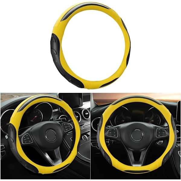 Rattöverdrag i Läder, Bilrattsskydd med Stretch, Universal 15 Tum Halkfritt Andningsbart Luktfritt Rattöverdrag Svart/Gult Black/Yellow