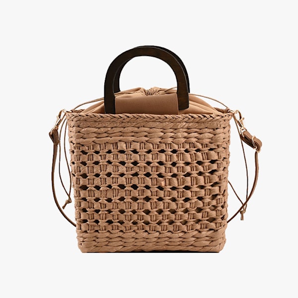 Naisten olkilaukku puisella kahvalla, rottinkipunottu design-olkalaukku, kesäinen matkalaukku, rantakassi Khaki 20x8x18cm