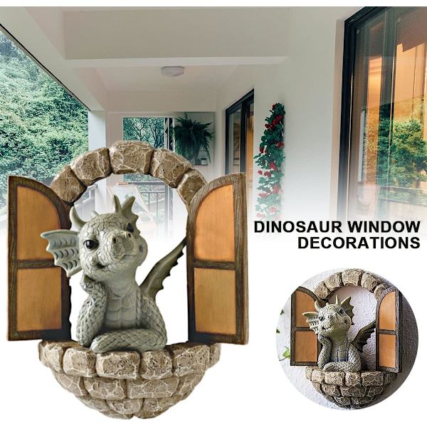 Vacker innergård dinosaurie skulptur väggdekoration, väderbeständig hartsstaty miniatyrer liten drake