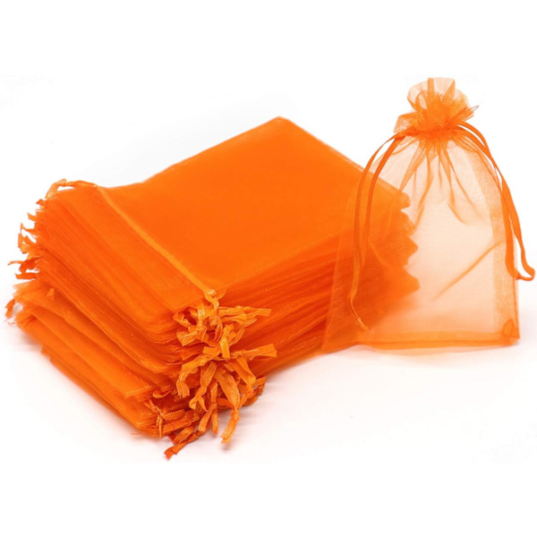100 stk. Orange Organzaposer 10x15 cm, Bryllupsgaveposer med snøre Mesh Smykkeposer Halloween Slikposer