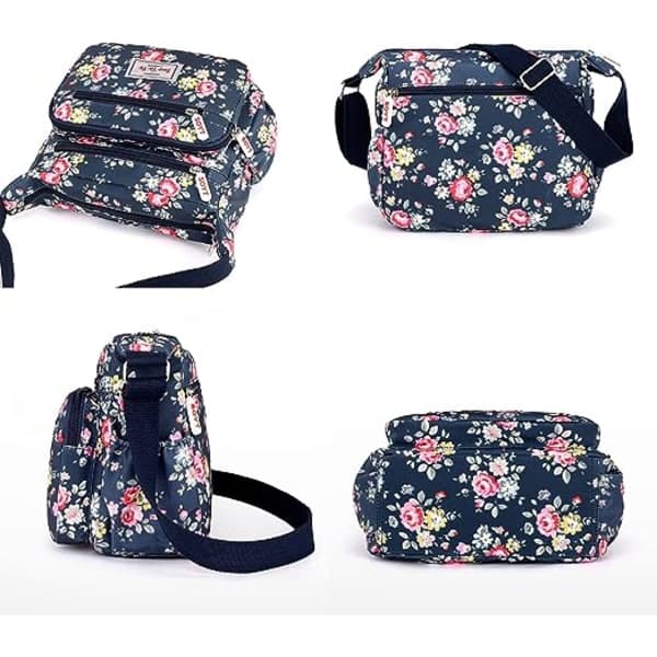 Multi-Pocket Casual Crossbody Handväskor för Kvinnor Vattentäta Axelväskor i Nylon (Blommig-Grå)