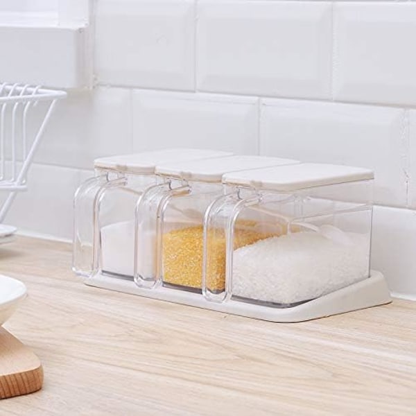 Transparent kryddbox, 3 transparenta kryddförvaringsbehållare för kryddor, salt, sockerflaskor, kryddburkar (med sked)