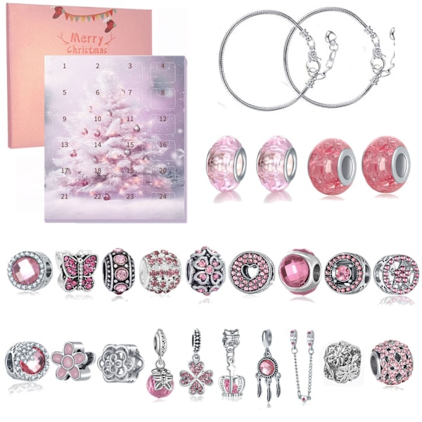 24 stk. Julekalender, DIY Julearmbåndssæt 24 Dages Nedtællings Charm Smykker Blind Box Julepynt til Børn Pink Pink