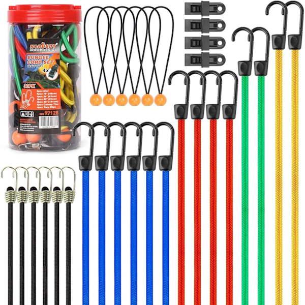 30-delad premium bungee-sladdsortiment burk, inklusive 10”,18”,24”,32”,40” bungee-sladdar