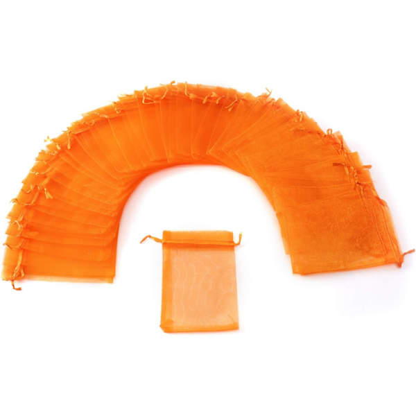 100 stk. Orange Organzaposer 10x15 cm, Bryllupsgaveposer med snøre Mesh Smykkeposer Halloween Slikposer