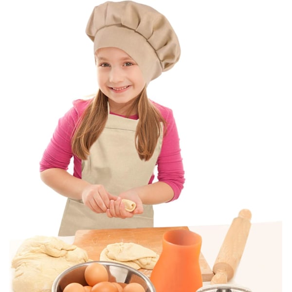 Forkle og kokkehattsett for barn - Justerbart barneforkle for gutter og jenter til matlaging og baking - off-white