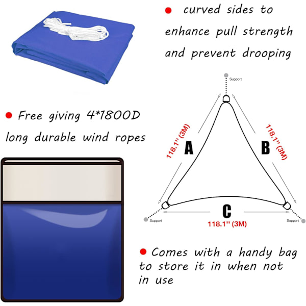 Triangulär solsegel 3 x 3 x 3m vattentät solskydd inklusive fästrep PES polyester med UV-skydd för trädgård terrass camping. blue