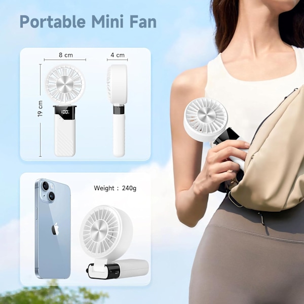 Mini Bærbar Ventilator, USB Genopladelig Støjsvag Håndventilator med 5 Hastigheder, Lille Sammenklappelig Lommeventilator, Bærbar Håndventilator til Kontor og Udendørs (Hvid)