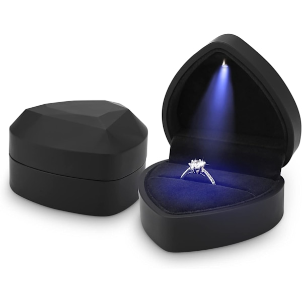Ringæske med LED-lys Smykke Gaveæske Forlovelse Kreativ Diamant Hjerteformet Ringæske Vielsesringsæske Til Frieri Forlovelse Bryllup (Sort)