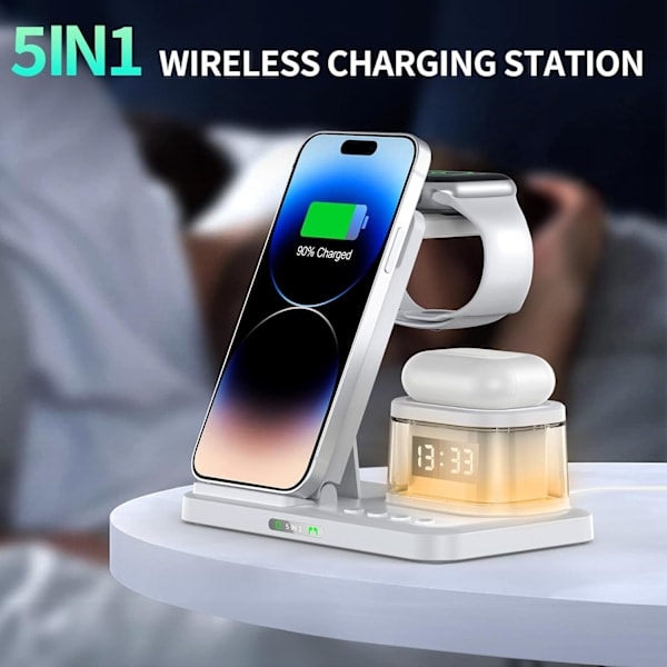 iPhone Trådlös Laddare 5 i 1 LED, Apple Laddningsstation för Resor och Hemanvändning, Multifunktionell Laddningsställ Vit 5 i 1 White 5in 1