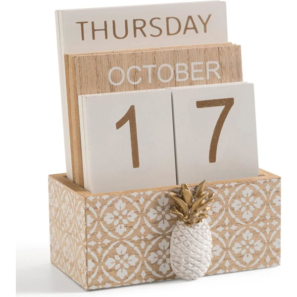 Evighedskalender i træ, sød måned uge dato display daglige træklodser til skrivebordet, genanvendelig årlig, ananas kalender skrivebordstilbehør. Pineapple Calendar