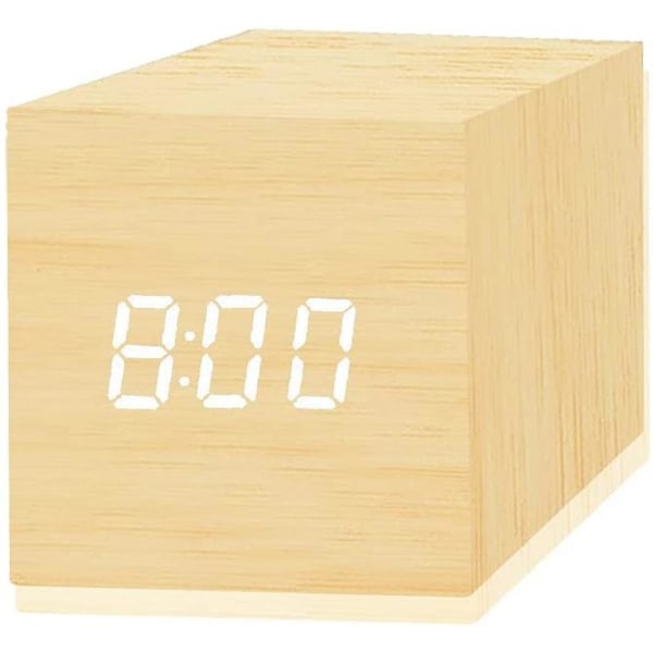 Digital väckarklocka, med elektronisk LED-tidsvisning i trä, Dual Plus-larm, 2,5-tums kubisk liten mini trägjorda elektriska klockor för sovrummet
