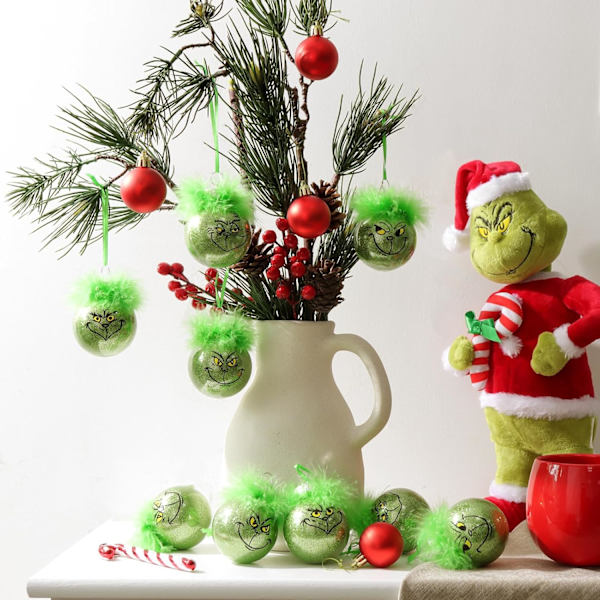 Juldekorationer för inomhus: 12 stycken söta Grinch julgransprydnader med fluffigt grönt hår, glittrande Grinch julbollar för granen