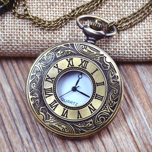 Fashionabel lantlig retro romersk fickur stor storlek dubbel display romersk skala flip cover quartz klocka digital skala och kedjerem bronze