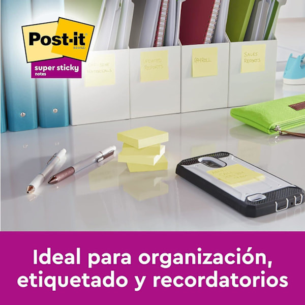 Post-it Super Sticky Notes, Kanariegula, 76 mm x 76 mm, 90 ark/block, 4 block/förpackning + 2 GRATIS - Extra klibbiga lappar för att göra-listor och påminnelser