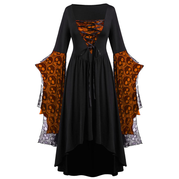 Halloween Cosplay Dräkt Gotisk Vintage Klänning Ghost Pumpkin Printed Klänningar Medeltida Ghost Bride Vampyr Kläder Kvinnor C 5XL