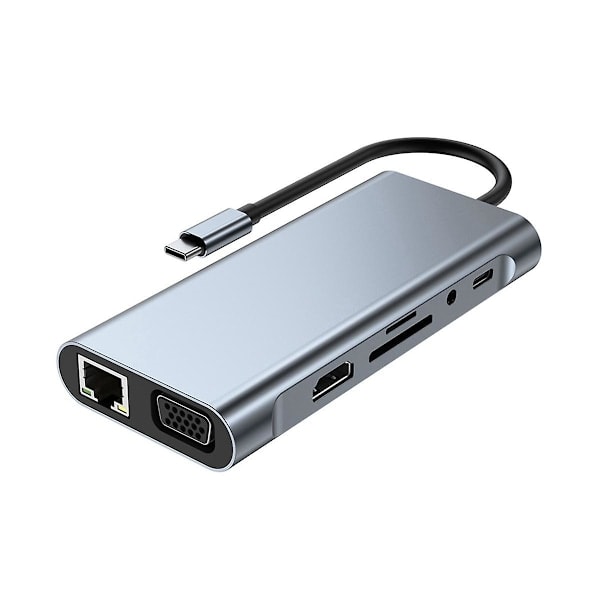 11-i-1 USB-C-docka, USB-hubb 3.0, splitter, multiportadapter, 4K-kompatibel, RJ45, SD/TF, VGA, PD, ljud