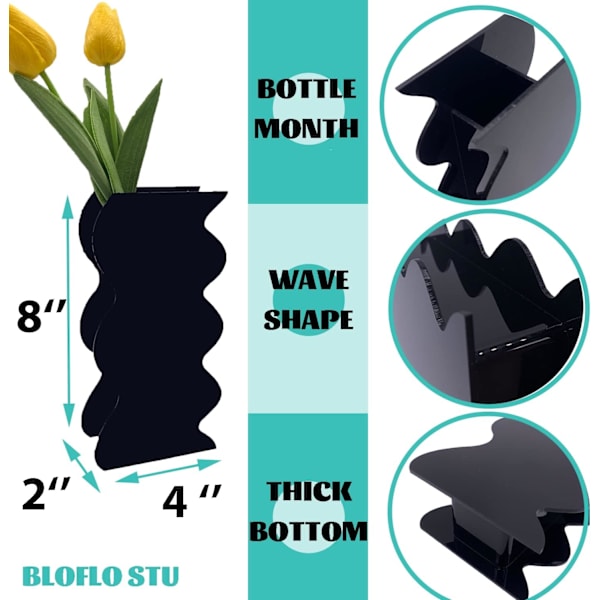Svart akrylvas, geometrisk akrylblomvas, höga vågformade akrylvaser för blommor, moderna blomvaser för mittpunkter, för hemmet