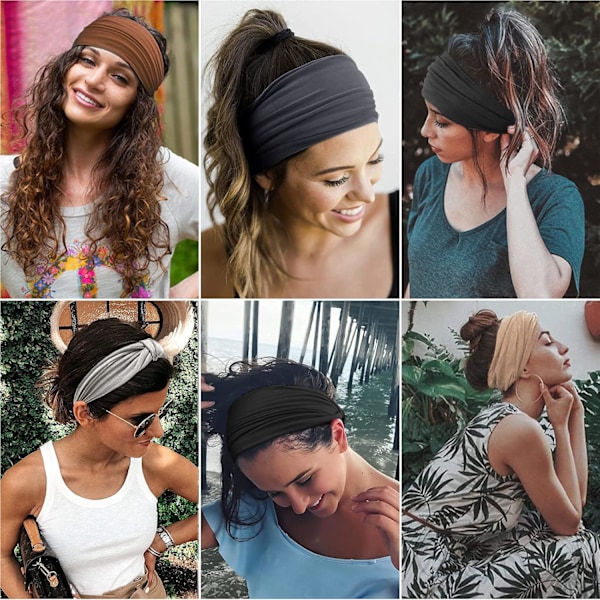 6 st pannband för kvinnor, breda mjuka pannband för kvinnor i boho-stil, fashion turban knut vuxen sjal hårband elastiskt fashion yoga hårband