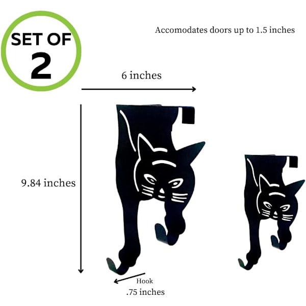 Katt dörrkrokar - Set om 2 svarta - Dörrorganisatör - Robusta metallkrokar