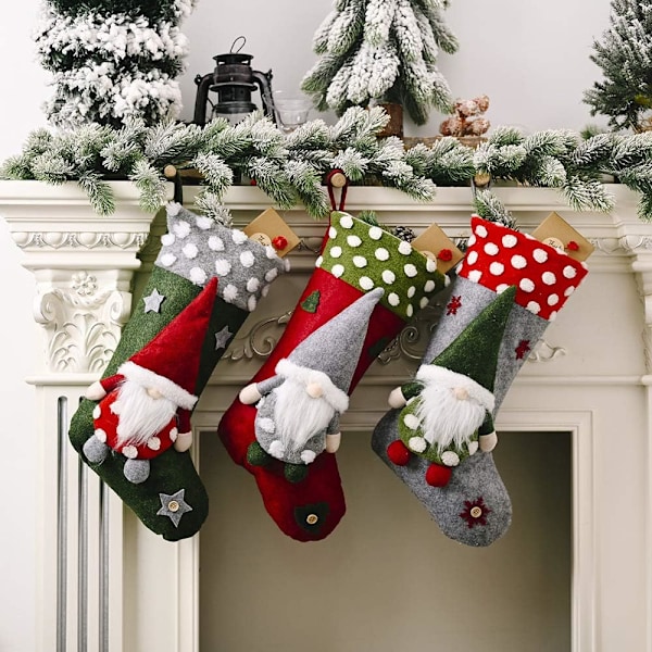 Julstrumpor Stora 3-pack, Klassisk Jultomte-strumpa för Vuxna & Barn, Godispåse Presentpåse för Träddekorationer Julpynt