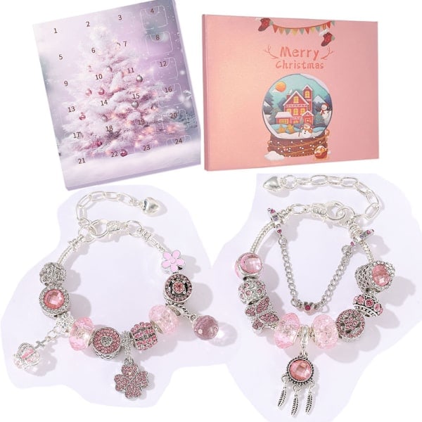 24 stk. Julekalender, DIY Julearmbåndssæt 24 Dages Nedtællings Charm Smykker Blind Box Julepynt til Børn Pink Pink