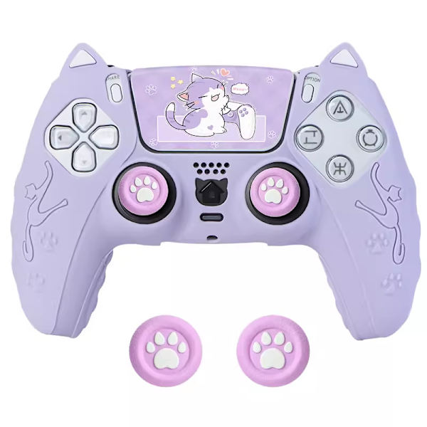 Rosa kattepote PS5-kontroller, sett med håndgrep, sklisikkert silikonskall, beskyttende deksel med joystick Purple