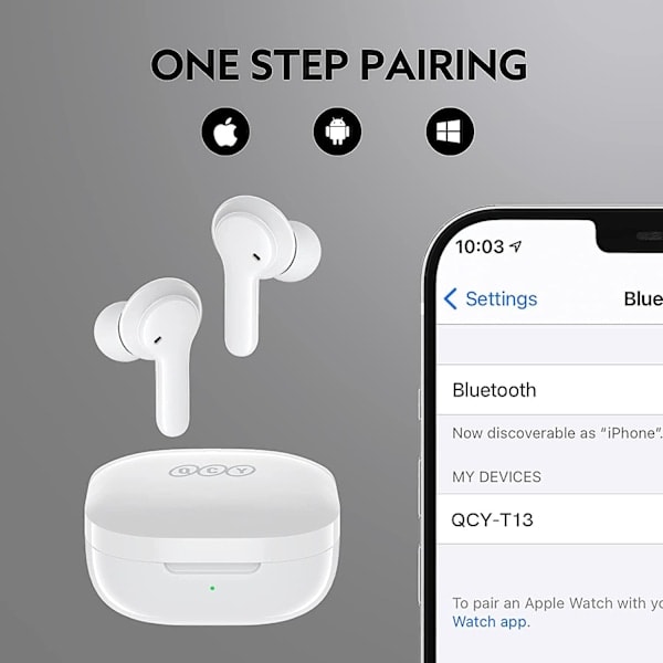 Trådløse hodetelefoner, Qcy T13 headset Bluetooth 5.1 med mikrofon berøringskontroll, 40 timers spilletid