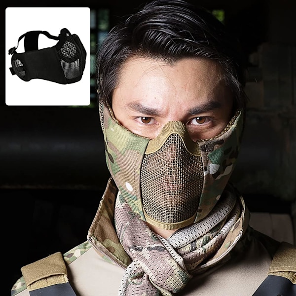 Mesh Maske, Halv Ansigt Mesh Masker med Ørebeskyttelse til CS/Jagt/Paintball/Skydning Black