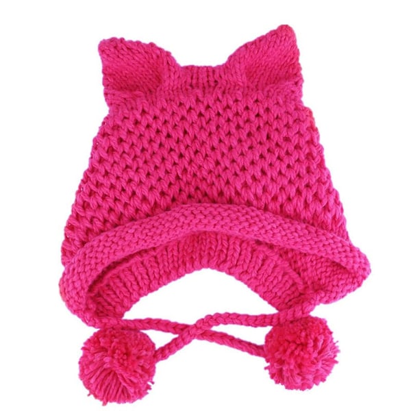 Dame Vinter Tykk Strikket Beanie Lue Søt 3D For Katteører Ensfarget