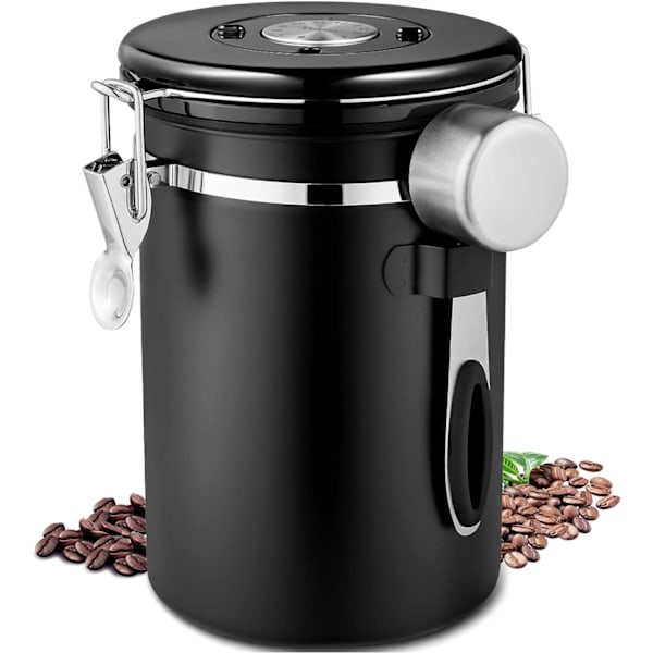 Kaffedåse, 1,8L Lufttæt Rustfri Stål Krukke med Ske, Madopbevaringsboks, Vakuumforseglet Gummi Black