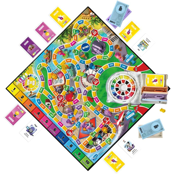 The Game of Life spil, familiespil for 2 til 4 spillere, for børn fra 8 år og opefter, inkluderer farverige brikker