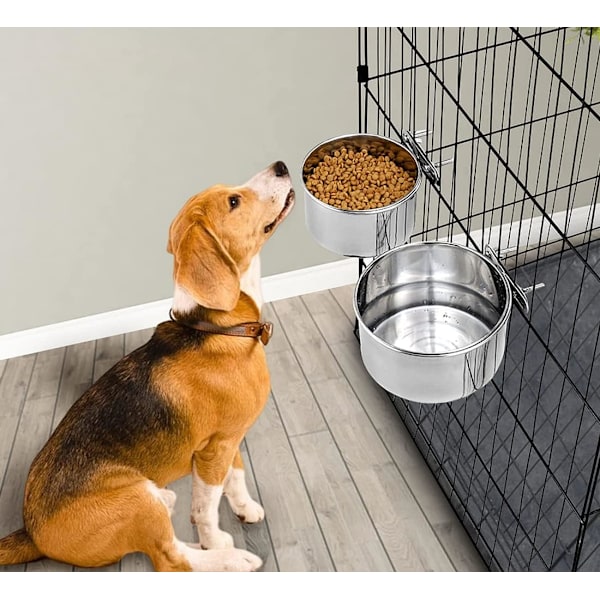 2 stk. hengende kjæledyrskål, rustfritt stål skål med hurtiglås for hund, katt, fugl, marsvin, kanin, hønsehus.