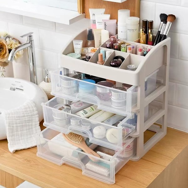 Makeup-arrangör med 3 lådor, kosmetiska displayfodral, sminkförvaringslåda (3 lådor) (vit)