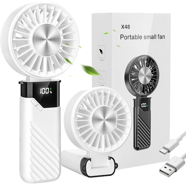 Mini Bærbar Ventilator, USB Genopladelig Støjsvag Håndventilator med 5 Hastigheder, Lille Sammenklappelig Lommeventilator, Bærbar Håndventilator til Kontor og Udendørs (Hvid)