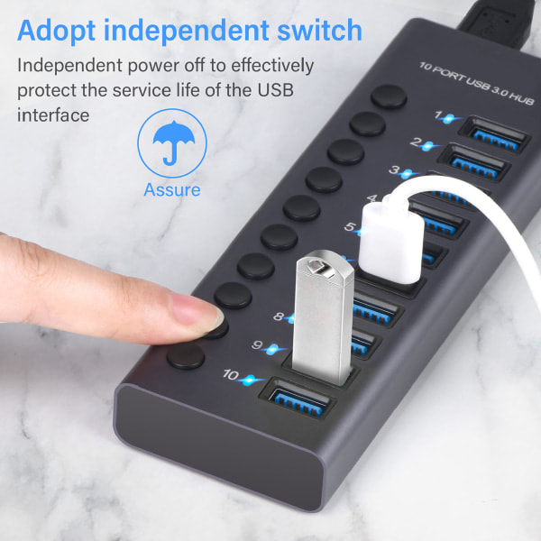 10-Port 60W USB 3.0 Hubb med Individuella Strömbrytare Aluminiumlegering LED-lampor USB 3.0 Dockningsstation 60W 12V 5A Strömadapter 100-240V EU-kontakt