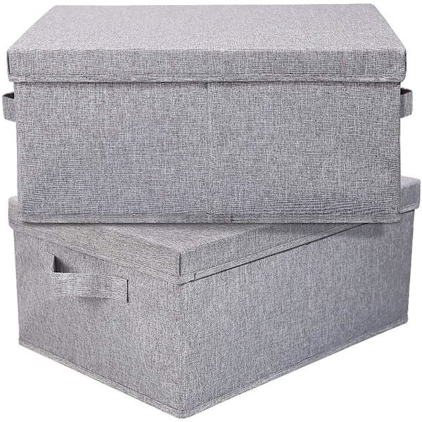 Foldbare opbevaringskasser med låg, 2 stk., opbevaringsbokse med bærehåndtag og robust kraftigt pap, 41,9 cm L x 30 cm B x 19 cm H til sko, beige grey