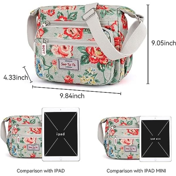 Multi-Pocket Casual Crossbody Handväskor för Kvinnor Vattentäta Axelväskor i Nylon (Blommig-Grå)